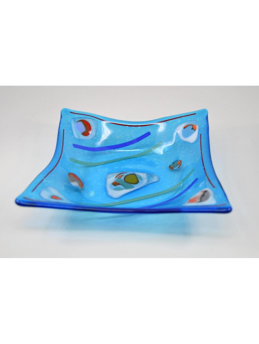 MCM Abstract Modern Colorful Fused Art Glass Handkerchief Trinket Dish 7" VTG
